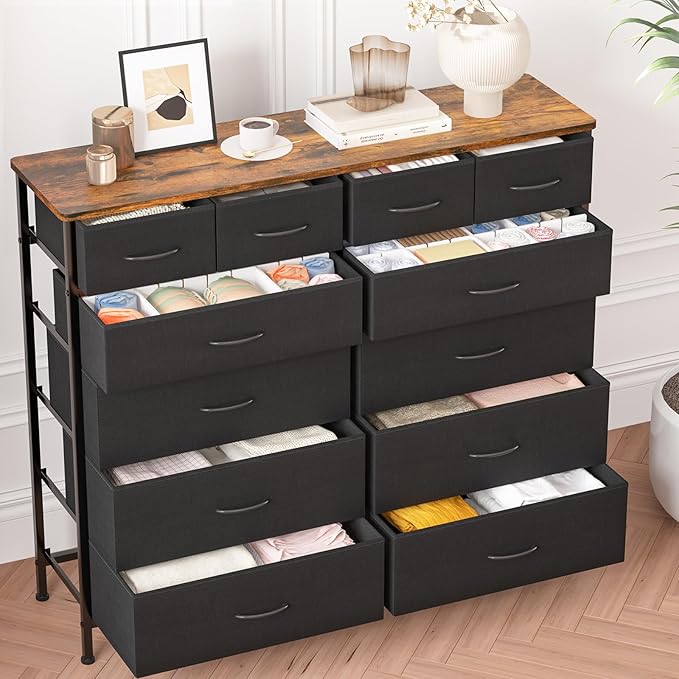 Dresser for Bedroom with 12 Drawers, Tall Fabric Drawer Dresser, Compact Chest of Drawers for Closet, Nursery, Bedside, Living Room, Laundry, Entryway, Hallway