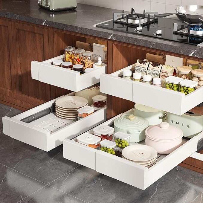 2 Pack Pull Out Cabinet Organizer Expandable Width(11"-16") and Depth(17"-24"),Slide Out Drawers With Raising Pad for Framed Cabinets,No Drill Roll Out Shelves for kitchen,Bathroom,White