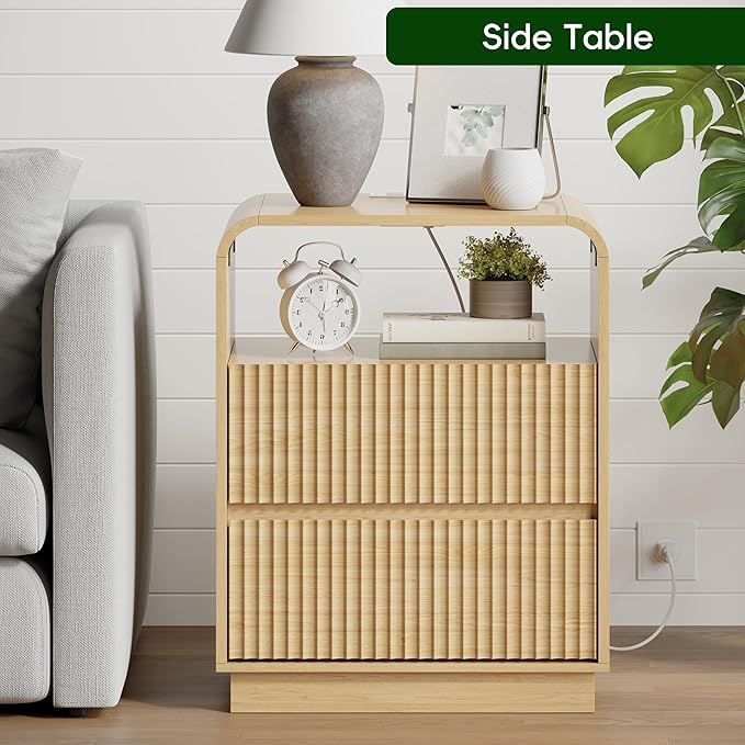 Natural Oak Nightstand with Charging Station, Mid Century Modern Bedside Table & End Table, Fluted Wood Small Night Stand with 2 Hidden Drawers and Storage Shelf for Bedroom