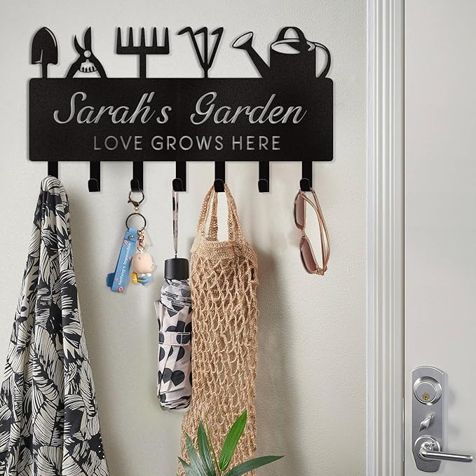 Personalized Key Holder for Wall, Custom Name Wall Mounted Black Key Hanger with Horticultural Garden Design, Key Racks Organizer for Hallway Entryway Front Door Storeroom Decor