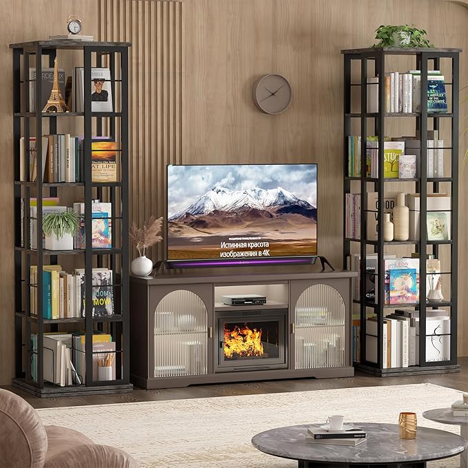 Aheaplus Rotating Bookshelf, Corner Bookcase, 360 Display Wood Spinning Bookshelves, Floor Standing Bookcase Narrow Shelf,5 Tiers, Grey Oak