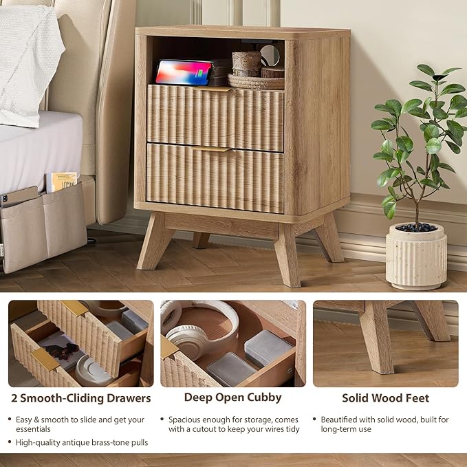 Fluted Nightstand - 24" Modern Bedside Table w/ 2 Drawers, Wood Bed Side End Table with Open Shelf, Night Stand with Storage Drawer, Curved Design Night Stands for Bedroom Living Room (Nature)