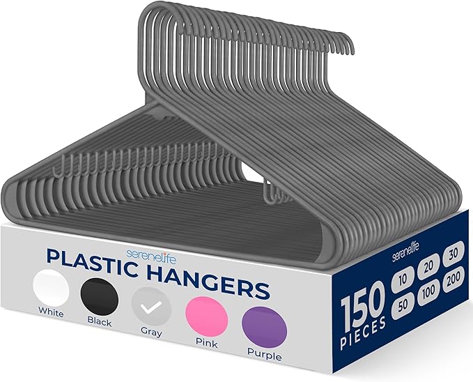 SereneLife 150 Pack Plastic Hangers, Lightweight, Durable, Space Saving Clothes Organizers, Suitable for Shirts, Sweaters, Hoodies, Dresses, Kids Clothes, Good for Home Organization (Gray)