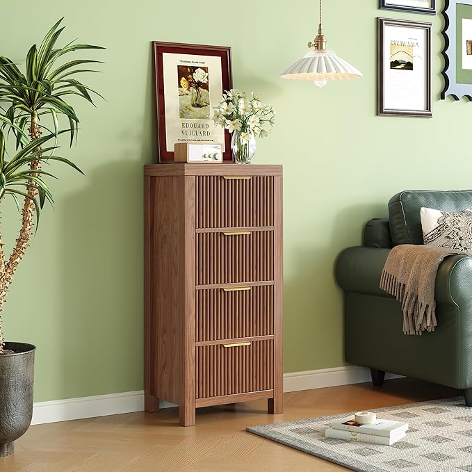 Mid-Century Modern Tall Wooden Dresser with 4 Spacious Drawers, Entryway Storage Chest with Smooth Metal Handles, Bedroom Clothes Organizer for Entryway, Office, and Small Spaces, Walnut
