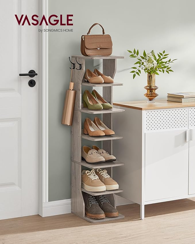VASAGLE 7-Tier Vertical Shoe Rack, Narrow Shoe Storage Organizer with Hooks, Slim Corner Tower Shelf, Space-Saving for Entryway and Bedroom, Heather Greige ULBS200L01