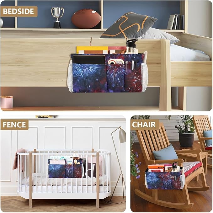 American Tie Dye Stars and Fireworks Bedside Caddy for Dorm Bed Bedside Hanging Caddy Bag Iron Frame Storage Organizer Pocket for Bunk Home College Hospital Beds 2 Hooks