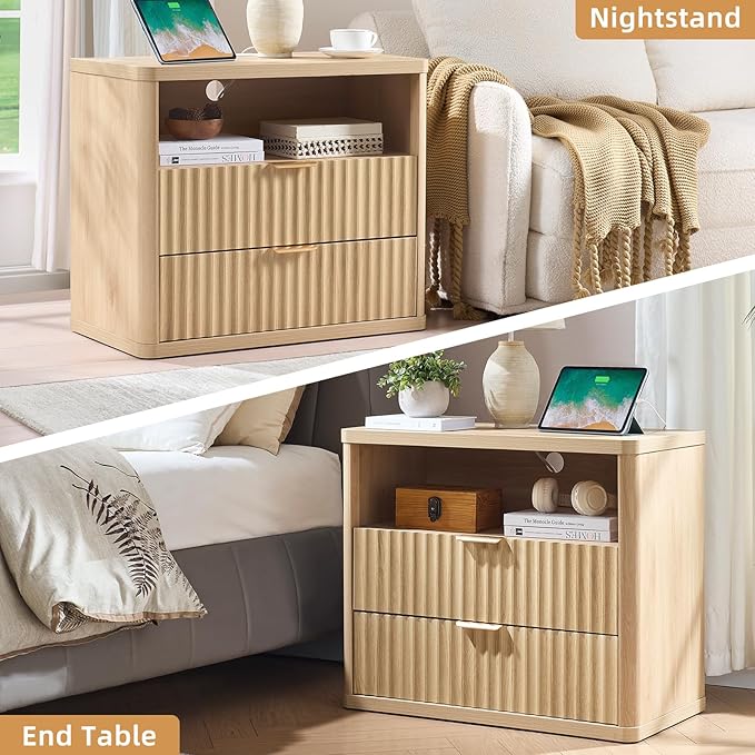 LEYAOYAO 31" Wide Fluted Nightstand with Charging Station, Oversized Extra Large 2 Drawers Night Stand,Natural Wood Bedside Table,Tall Bed Side End Tables,Modern Chest of Drawers Dressers for Bedroom