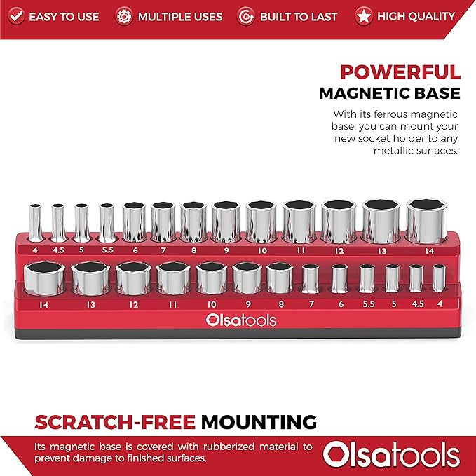 Olsa Tools Magnetic Socket Holder | 1/4-inch Drive | Metric | Red | Holds 26 Sockets | Professional Quality Tools Organizer