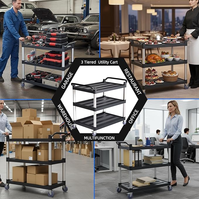 3 Tier Rolling Cart with Hair-Proof Wheels, Plastic Utility Service Cart, Heavy Duty 450 Lbs Capacity, Solid Handle,Commercial Serving Cart for Home/Office/Restaurant/Warehouse.40×19.7"×38"