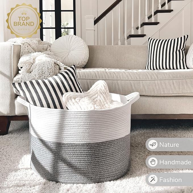 INDRESSME Large Storage Basket, 21.7'' x 13.8'' Cotton Rope Blanket Basket Living Room, Toy Organizers and Storage with Handles for Kids, Laundry Baskets for Clothes, Towel, 90L Grey