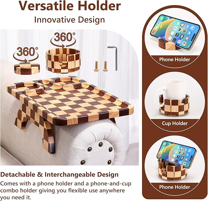 Couch Arm Table, Checkered Carbonized Rubber Wood Sofa Armrest Tray, 3-in-1 Clip-on Large Couch Cup Holder Tray with 360° Rotating Cup Holder & Phone Stand for Drinks, Snacks & Remote