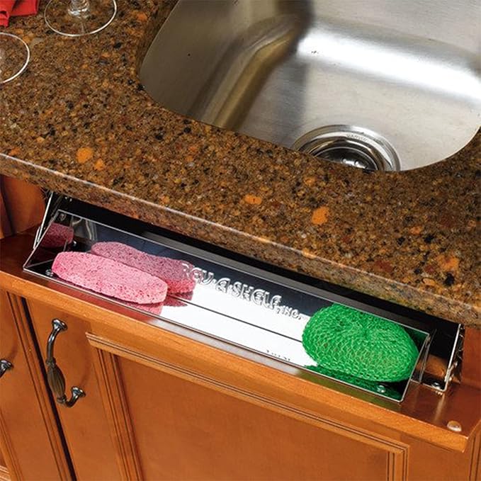Rev-A-Shelf 28" Slim Tip-Out Sink Tray for Kitchen and Bathroom Base Cabinets, Large Pull Out Stainless Steel Storage Organizer, Silver, 6541-28-52