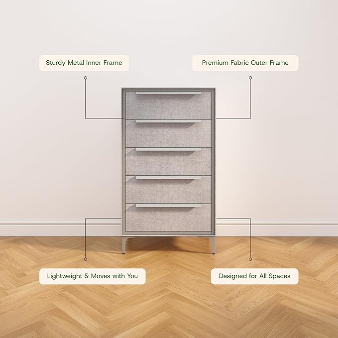 tinge Naima Premium Fabric Dresser - Strong Metal Frame, 5 Spacious Sag-Proof Drawers with Sleek Metal Handles - Premium & Durable Storage Solution for Your Home (Silver)