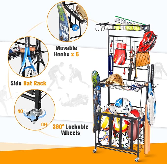 PLKOW Sports Equipment Storage for Garage, Indoor/Outdoor Sports Rack for Garage, Ball Storage Garage Organizer with Basket and Hooks,Toy/Sports Gear Storage