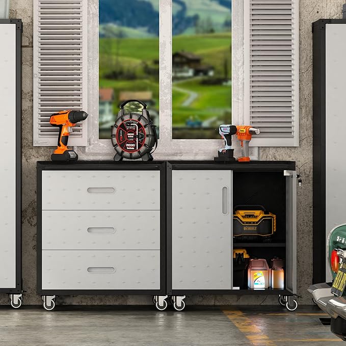 Metal Tool Cabinet,Garage Storage Cabinet System,Wall Cabinet & Locking Rolling Tool Cabinet with Doors and Adjustable Shelves,Steel Tool Cabinets for Home (2 Pcs-StyleC, Black & Grey)
