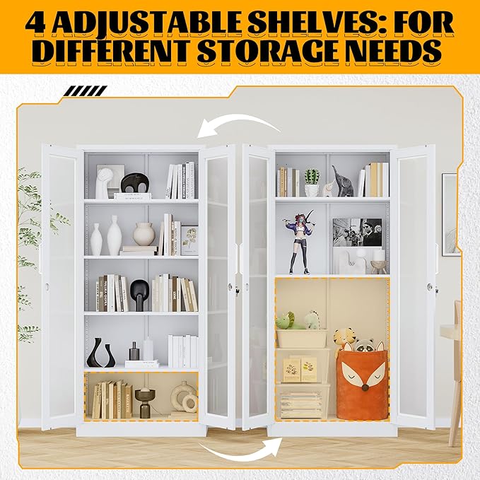 Metal Storage Cabinet with Lock and Glass Doors,71" Tall Glass Display Cabinet,White Storage Cabinets,Locking Curio Cabinets with 5 Shelves for Collectibles,Home,Office,Living Room