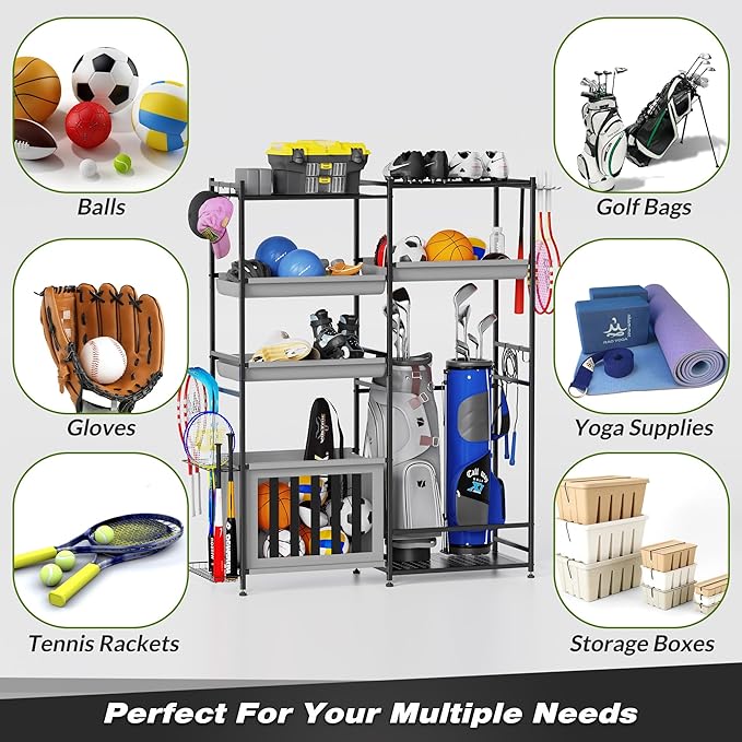 Garage Sports Equipment Organizer, Heavy Duty Ball Storage Rack with Baskets & Hooks, Golf Bag Stand for 2 Bags, Outdoor & Indoor Sports Organizer for Kids Toys,Basketball,Football,Gym & Fitness Gear