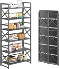 4NM 6 Tiers No Assembly Book Shelves, 61.8" H Folding Bookshelf Bookcase Open Industrial Foldable Shelves for Bedroom, Living Room, Home Office - All Black