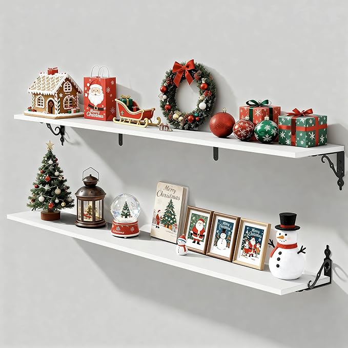 Fun Memories 55 Inch Floating Shelves, Long Floating Shelves Wall-Mounted, 8 Inch Deep Bookshelf with Bracket, 55" W x 8" D Shelves for Wall Display & Storage, White, Set of 2