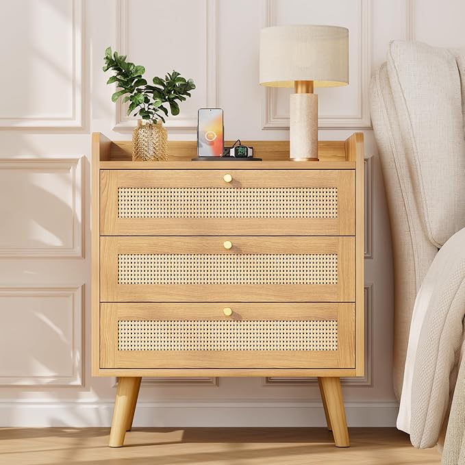 Rattan Night Stand with Charging Station, End Tables with 3 Drawer Dresser, Boho Bedside Table, Mid Century Modern Nightstand, RuralCabinet for Farmhouse Bedroom Living Room Sofa Couch Office Corner