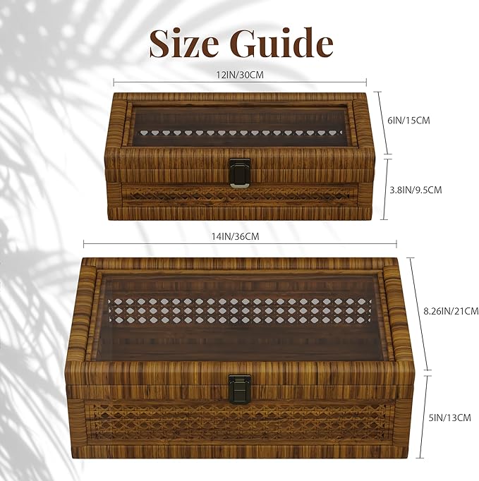 Rattan Decorative Box,Boho Display Boxes with Lids,Set of 2 Rectangular Wicker Storage Decoration,Natural Woven Cane Bins for Home Decor for Rustic Farmhouse(Brown)