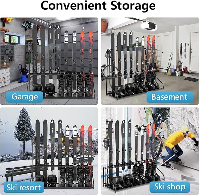 Ski Storage Rack-Holder Garage - Freestanding Ski Equipment Organizer Ski Boot Snowboard Rack Stand Snow Gear Storage