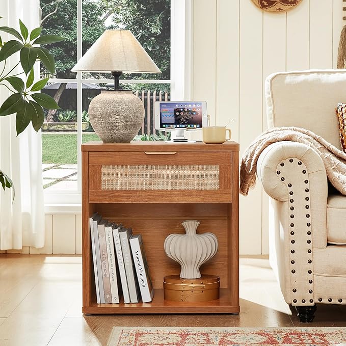 LEYAOYAO Rattan Nightstand with Charging Station, Tea Brown Night Stand with Drawer, 23" Wide Boho Bedside Table with Storage Shelf, Bed Side End Tables for Bedroom, Living Room, Hallway