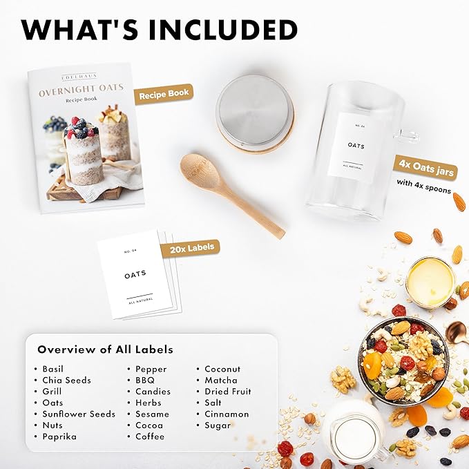 Overnight Oats Containers with Lids, Labels & Spoons (4 x 16oz) Glass Jars for Oatmeal, Meal Prep, Food Storage | Leak-Proof Mason Jars for Oats, Cereal, Yogurt, Chia Pudding [Thicker Glass 3mm]