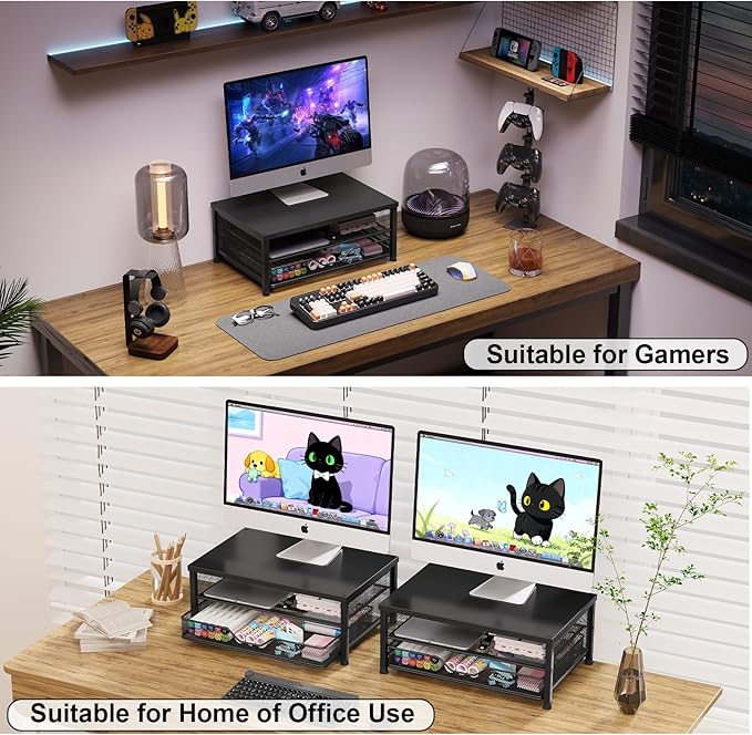 OPNICE Computer Monitor Stand Riser, Desk Organizers and Accessories with Drawer, Laptop Stand, Office Desk Accessories & Workspace Desktop Organizers Storage for Office Supplies(Black 2-Pack)