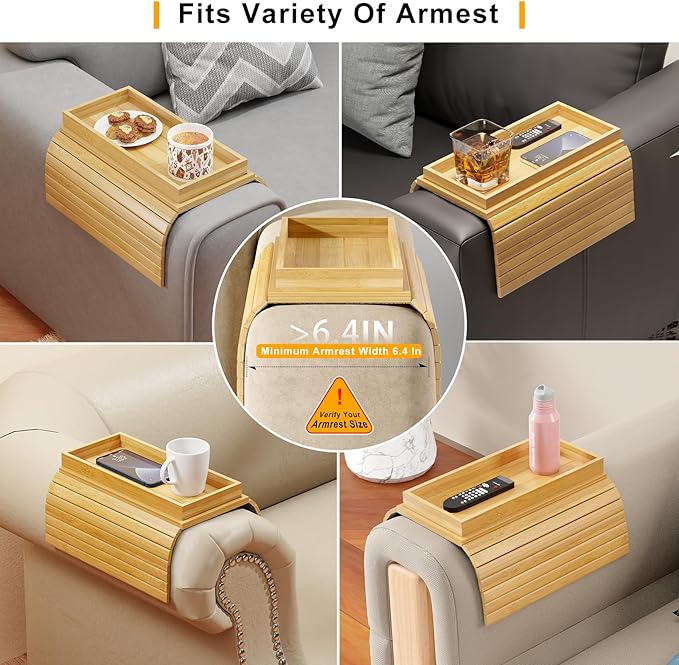 Bamboo Sofa Arm Rest Tray Table for Couch - 2-in-1 Couch Arm Table with Be Slide Detachable Tray - Anti-Slip Foldable Sofa Armchair Caddy for Drinks Cup Cellphone TV Remote Snacks (Bamboo)