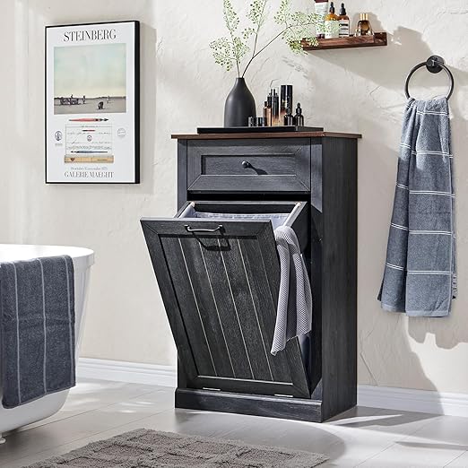 Tilt Out Trash Can Cabinet, 10 Gallon Farmhouse Laundry Hamper Cabinet with Drawer, Hidden Wooden Trash Garbage Can Bin with Storage Basket for Kitchen, Living Room (Dark Grey)
