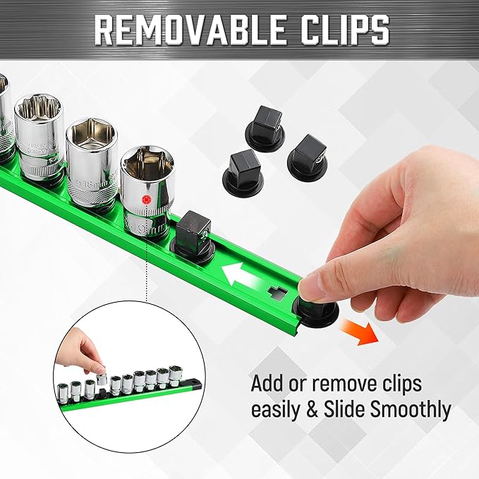 ALOANES 6-Piece Magnetic Socket Organizer, Heavy Duty Aluminum Socket Rails Organizer, 360° Swivel Clips Socket Holder Kit for Tool Box, 1/2, 3/8, 1/4-Inch Socket Holder x 80 Clips (Green)