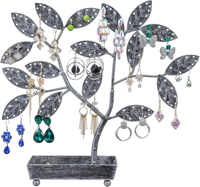 MyGift Jewelry Tree w/Bird Nest 48 pair Earrings Holder, Bracelets/Necklace Organizer Stand (Silver Metal)