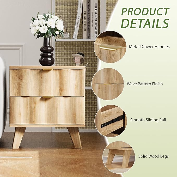 Nightstand, Bedside Table with 2 Drawers and Metal Handles, Sofa Side End Table with Storage for Bedroom, Living Room, Entryway (Natural)