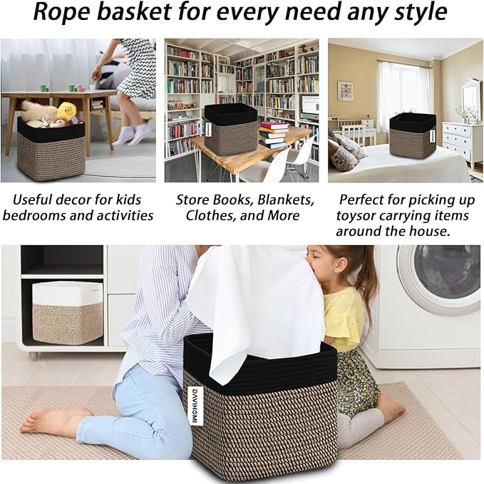 Cube Storage Bins 11 Inch Cotton Rope Woven Storage Basket for Organizing 3 Pack | Storage Cubes for Organization and Storage | Square Cube Organizer | Closet Toy Bin（Black Jute）
