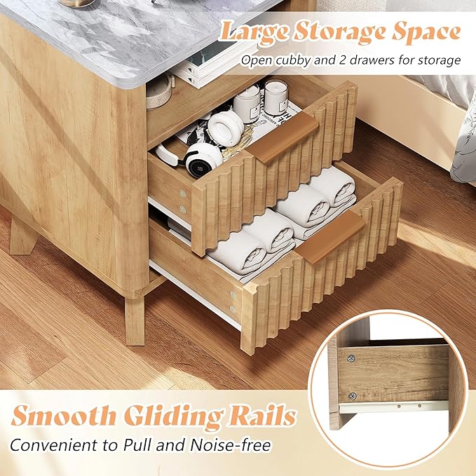 AMERLIFE Fluted Nightstand with Charging Station and Faux Marble Top, 18" Modern Bedside Table with 2 Drawers and Metal Handle, Side Table for Bedroom, Living Room, Natural Oak