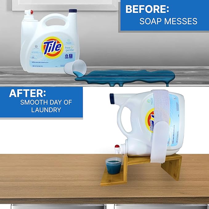 TidyFriend 2 Pack Laundry Detergent Dispenser with Tray & Strap, Laundry Soap Dispenser with Non-Slip Rubber Feet for Washing Room Organization, Easy Pour (Wood)