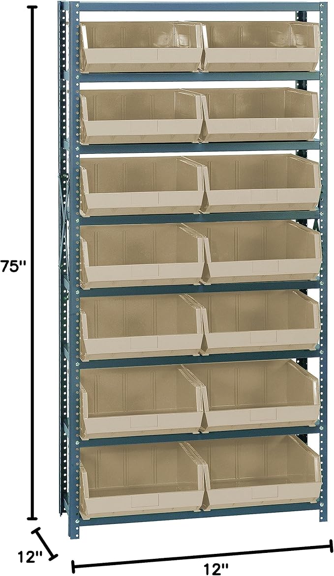Quantum Storage Systems QSBU-250IV Giant Open Hopper Steel Shelving System, 12" D x 36" W x 75" H, with 8 Shelves and 14 QUS250 Bins, Ivory