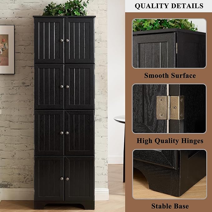 72" H Farmhouse Storage Cabinet, 4 Tier Kitchen Pantry Cabinet with 4 Shelves, 8 Doors Freestanding Floor Storage Cabinet Wooden Organizer Bookcase for Living Room & Kitchen (Black)