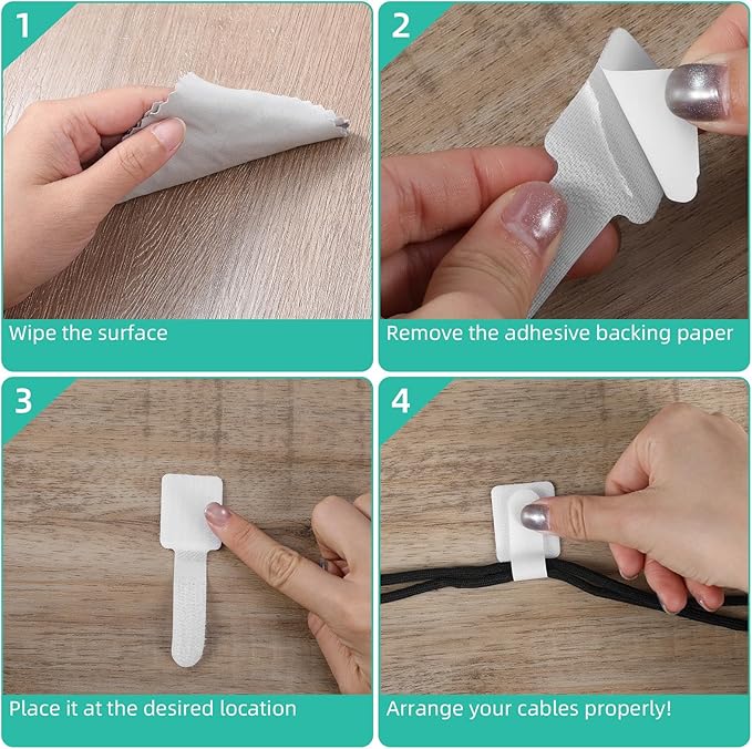 100Pcs Hook and Loop Cable Straps, Adhesive Wire Management Appliance Cord Organizer Self Adhesive Cable Ties for Kitchen Office Household Essentials, Easily Organize Desktop Wires (White)