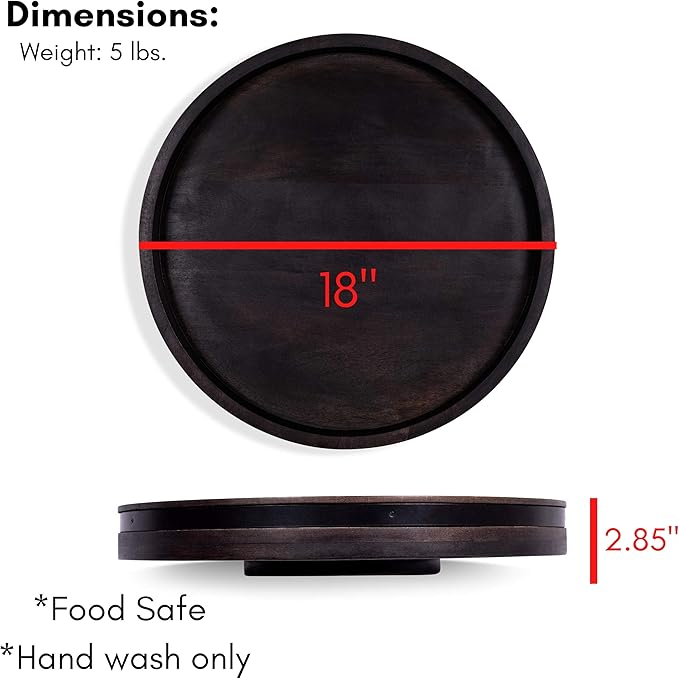 BIRDROCK HOME Wooden Lazy Susan Turntable - Spice Rack Organizer for Kitchen Table, Dining, Pantry and Countertop - Rotating Tray for Condiments - with Burnished Iron Accents - 18" Large, Black