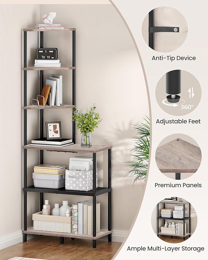 6-Tier Corner Shelf, Industrial Corner Bookshelf with Desk Top, Diamond-Shaped Storage Shelves, Display Stand for Small Spaces, Living Room, Home Office, Foyer, Greige and Black TCJ70BG