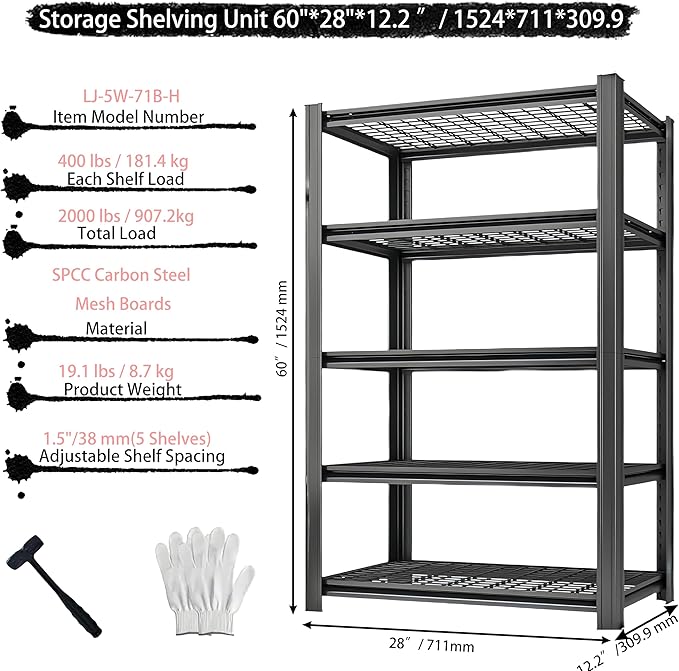 Storage Shelving Unit Heavy Duty Garage Shelves Metal Organizer Utility Rack for Kitchen Pantry Basement Pantry Warehouse Laundry Black 60" H x 28" W x 12.2" D 2000LBS 5-Tire