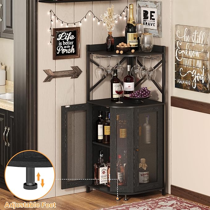 JKsmart Corner Bar Cabinet with Glass Holder, 4-Tier Industrial Wine Bar Cabinet with Door, Liquor Cabinet Bar for Home, Farmhouse Corner Storage Cabinet with Shelf for Coffee Bar, Black