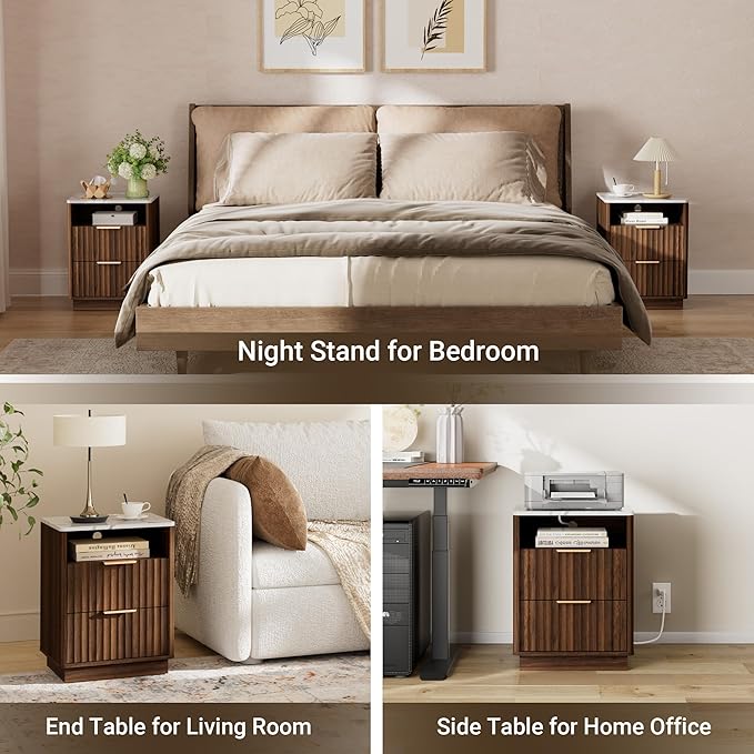 Fluted Night Stand Set of 2 with Charging Station, 18" Modern Nightstand with Faux Marble Top, 2 Drawers End Table with Storage, Bedside Table for Bedroom Living Room,Curved Profile(Walnut)