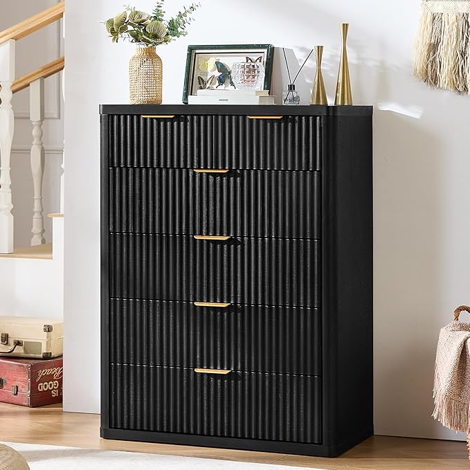 LEYAOYAO Fluted 6 Drawers Dresser for Bedroom, 42" Tall Modern Chest of Drawers with Metal Handle, Curved Profile Design,Black Wood Drawer Organizer for Bedroom, Living Room, Hallway, Entryway