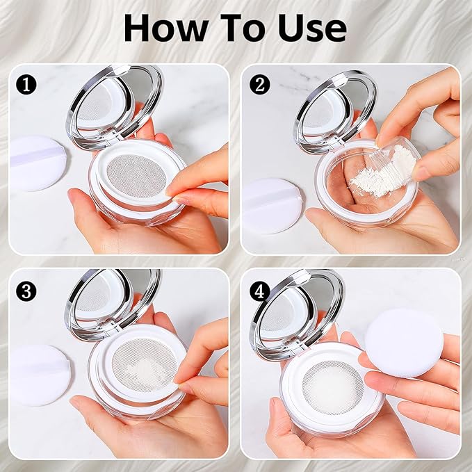 Tokusatsu 2-Pack Refillable Loose Powder Container with Puff & Mirror - 0.17 oz Travel Portable Empty Makeup Compact with Mesh for Women Girls, Silver Iridescent Silver