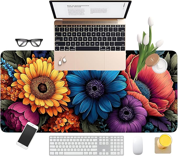 Flower Gaming Mouse Pad 35.4"x15.7"Desk Mat Anti-Slip Rubber Base & Durable Stitched Edges for Gamers Smooth Mouse Writing Surface for Desk Office/Home