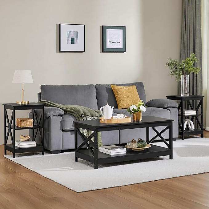 Yaheetech 3 Tier Sofa Side End Table with Shelf, X Shape Chair Side Coffee Snack Table for Living Room, Display Unit Organizer, Black