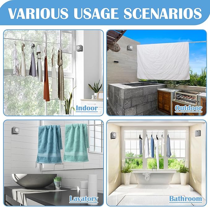 Retractable Clothesline Indoor, Non-Sagging Outdoor Clothes Line Retracting 15.7 Feet Heavy Duty Laundry Line Retractable Wall Mounted Clothes Line Outdoors (Square-Grey)